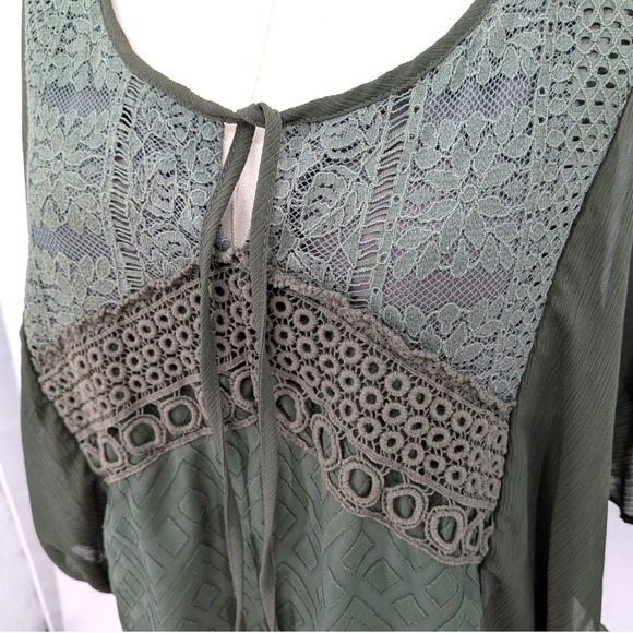 Olive Green Boho Lace Tie Neck Blouse Sheer Batwing Top Women's XL - Picture 7 of 9